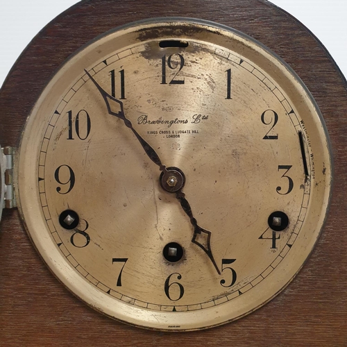 364 - Oak Dome Top Mantel Clock with Pendulum and Key. H:23 x W:42 x D:18cm Bravington's Ltd.  - Glass Fac... 