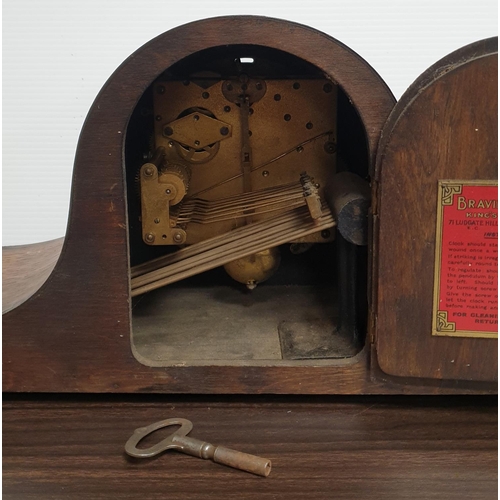 364 - Oak Dome Top Mantel Clock with Pendulum and Key. H:23 x W:42 x D:18cm Bravington's Ltd.  - Glass Fac... 