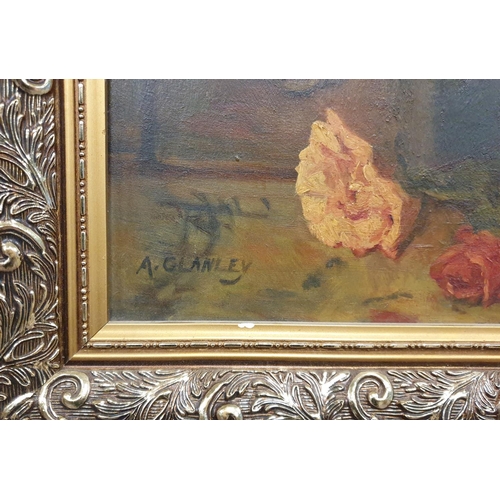 395 - Lot of 2x Framed Still Life of Flowers Oil Paintings Signed A. Glanley, 60x50cm & 59x49cm