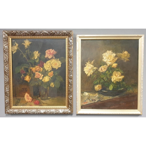 395 - Lot of 2x Framed Still Life of Flowers Oil Paintings Signed A. Glanley, 60x50cm & 59x49cm