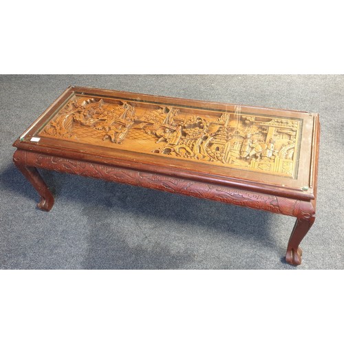 373 - Oriental Style Relief Coffee Table with Glass Top