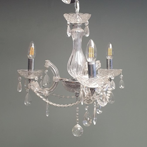 400 - Pair of Glass Three Branch Chandeliers, H:45 x D:45cm