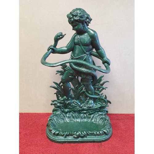 407 - Heavy Antique Painted Cast Iron Umbrella Stand, Boy with Snake, Height 83cm x Width 47cm