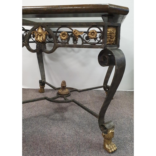 409 - Wrought Iron Coffee Table with Glass Top on Brass Lion  Feet, H:64 x W:75 x D:75cm