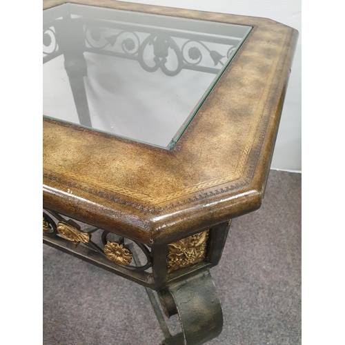 409 - Wrought Iron Coffee Table with Glass Top on Brass Lion  Feet, H:64 x W:75 x D:75cm