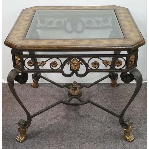 409 - Wrought Iron Coffee Table with Glass Top on Brass Lion  Feet, H:64 x W:75 x D:75cm