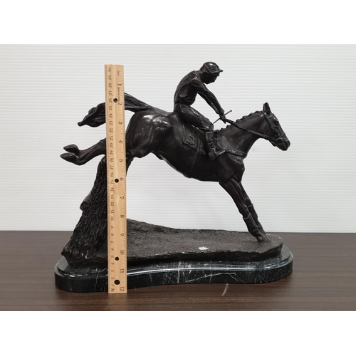 414 - Bronze Horse and Jockey Figure on Marble Base, H:31 x L:36cm