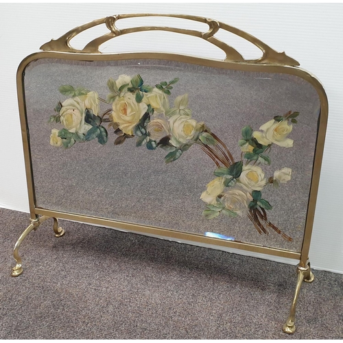 441 - Victorian Brass Fire Screen with Painted Mirror, H:57 x W:63cm