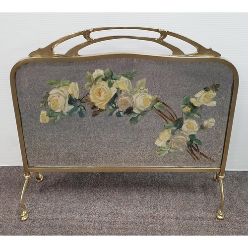 441 - Victorian Brass Fire Screen with Painted Mirror, H:57 x W:63cm