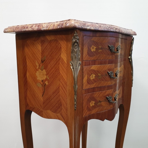 473 - Pair of Inlaid Kingwood Three Drawer Lockers with Marble Tops, H:77 x W:43 x D:32cm