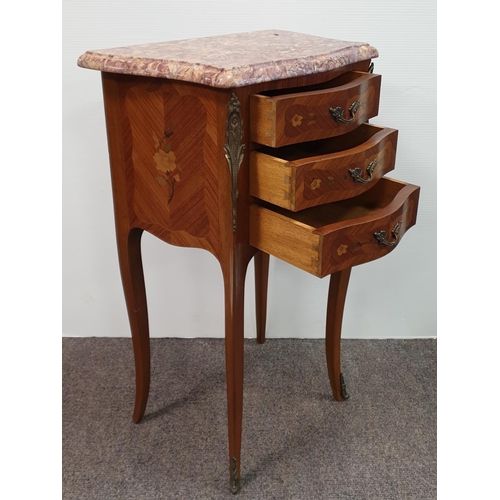 473 - Pair of Inlaid Kingwood Three Drawer Lockers with Marble Tops, H:77 x W:43 x D:32cm