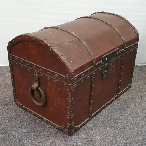 477 - Steel Bound Leather Barrel Top Chest, H:45 x W:62 x D:42cm