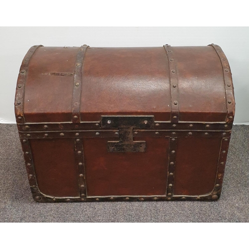 477 - Steel Bound Leather Barrel Top Chest, H:45 x W:62 x D:42cm