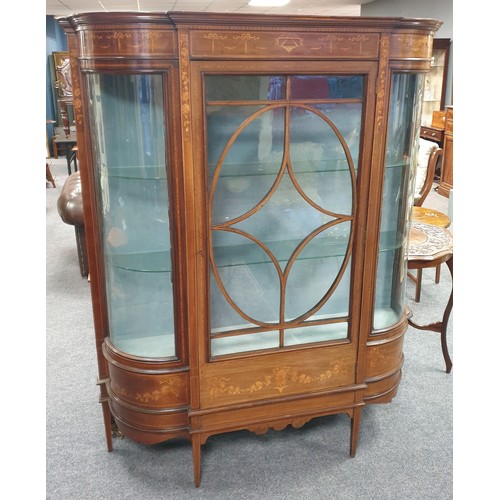 419 - Large Inlaid Bow Front Display Cabinet, H:171 x W:140 x D:37cm