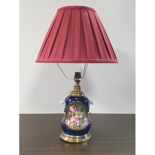 491 - Painted Porcelain and Brass Table Lamp with Shade, Height 50cm