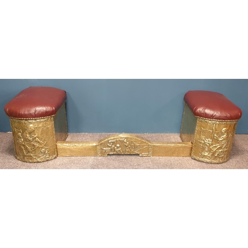 493 - Brass Club Fender with Fitted Coal and Log Boxes, H:38 x W:145 x D:45cm