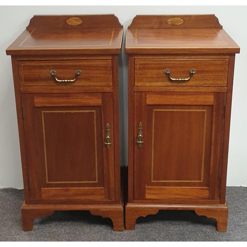 499 - Pair of One Door/One Drawer Inlaid Mahogany Bedside Lockers, H:84 x W:42 x D:35cm