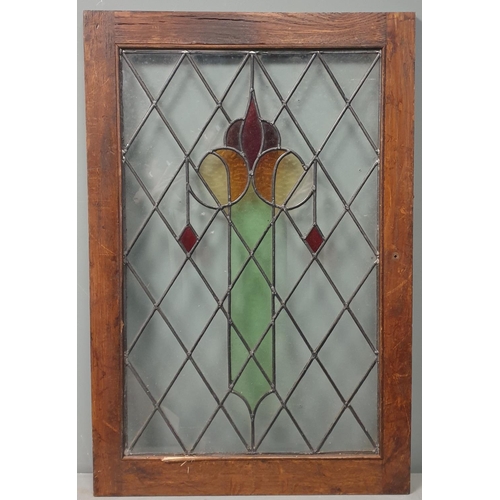 500 - Oak Framed Leaded Glass Panel, H:80 x W:53cm