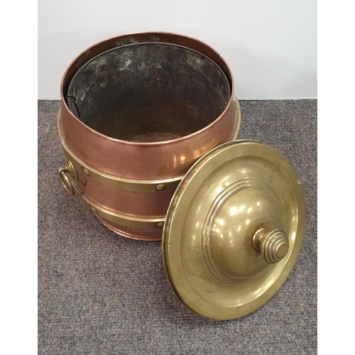 515 - Copper and Brass Barrell Shaped Coal Box with Liner and Lid, H:40 x D:35cm