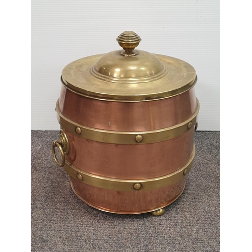 515 - Copper and Brass Barrell Shaped Coal Box with Liner and Lid, H:40 x D:35cm