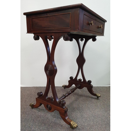 527 - Regency Mahogany Side Pod Table with Single Drawer on Brass Lion Paw Feet, H:75 x W:54 x D:44cm