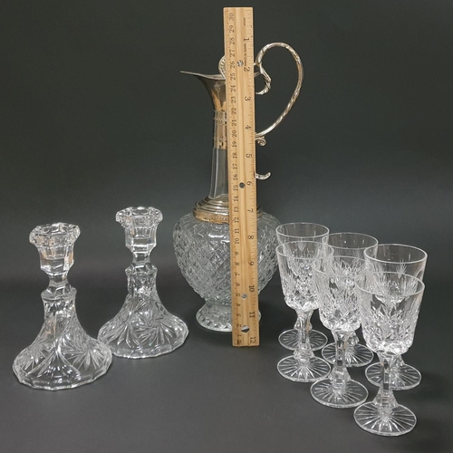 530 - Cut Glass Claret Jug, Pair of Candlesticks and Set of 6x Liqueur Glasses