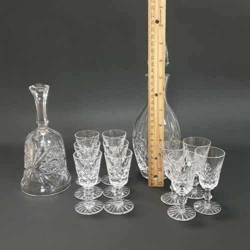 532 - Cut Glass Decanter, Bell and 10x Liqueur Glasses