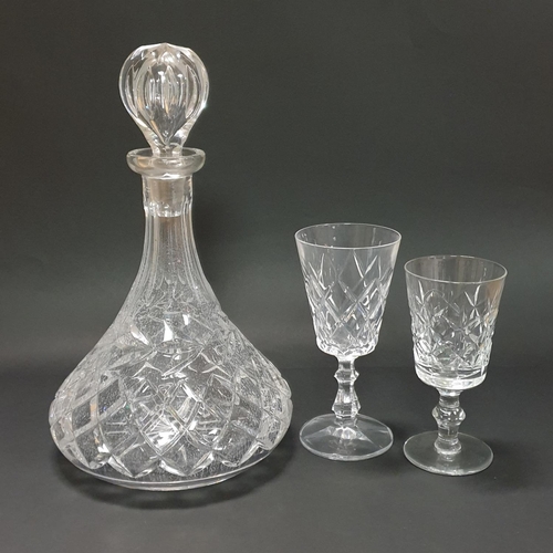 533 - Crystal Ship's Decanter and 10x Wine Glasses