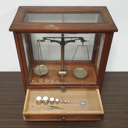 538 - Antique Scales in Glass Case with weights, H:44 x W:41 x D:21cm