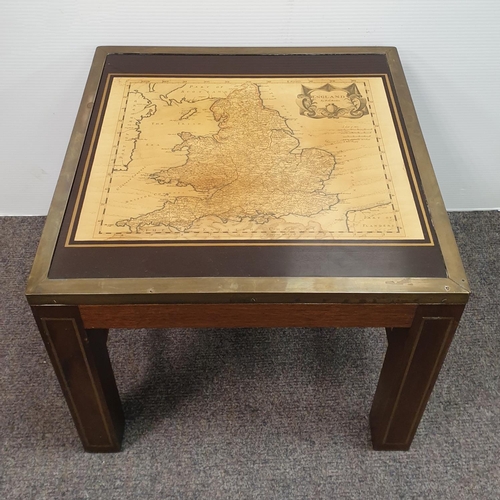 553 - Pair of Brass Inlaid Side Tables Displaying Maps of Scotland and England, H:38 x W:46 x D:46cm