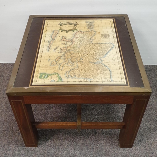 553 - Pair of Brass Inlaid Side Tables Displaying Maps of Scotland and England, H:38 x W:46 x D:46cm