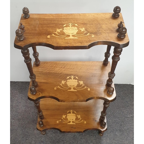 578 - Inlaid Mahogany Three Tiered Whatnot, H:97 x W:49 x D:33cm