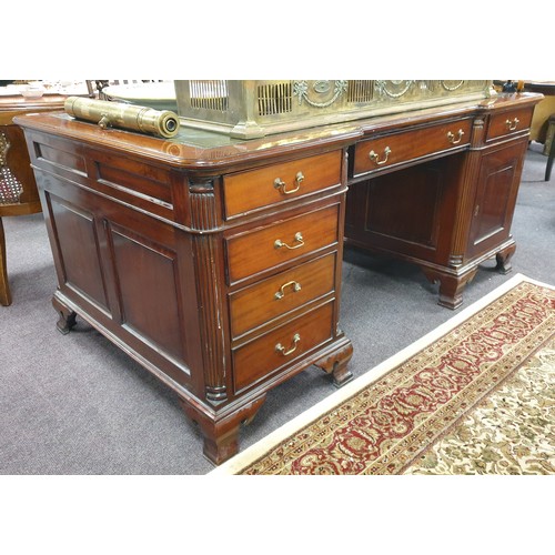 198 - Large Solid Mahogany Double Sided Partner's Desk with Green Leather Top, H:81 x W:180 x D:105cm