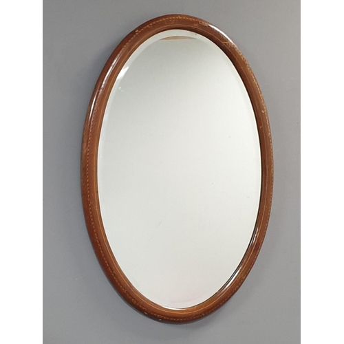 645 - Inlaid Mahogany Oval Bevelled Wall Mirror in Inlaid Mahogany Frame, H:80 x W:55cm