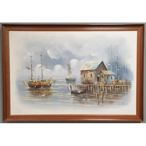 682 - Framed Oil on Canvas, Harbour Scene Signed Bottom Right. H:68 x W:99cm