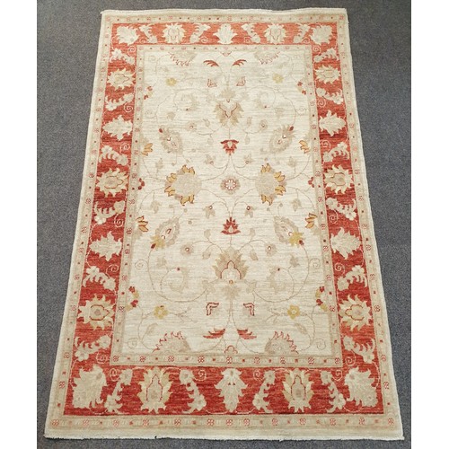 724 - Red and Cream Wool Floor Rug 198cm x 123cm