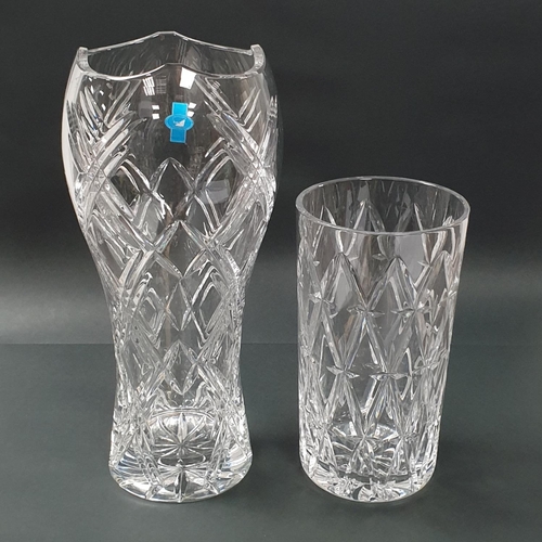 800 - Two Cut Glass Crystal Vases, H:34 x D:16cm / H:23 x D:13cm