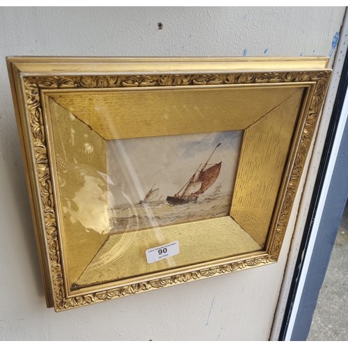 90 - Gilt Framed Watercolour - Ship  F.J Aldridge. H:25 x W:29cm