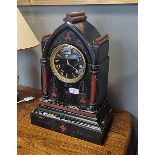 70 - Marble and Slate Mantel Clock with Pendulum and Key, H:46 x W:31 x D:19cm