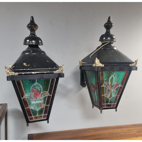 796 - Pair of Painted Black Leaded Glass Wall Lanterns  - Approx. Measurements
Lantern H: 88cm x D: 30cm x... 