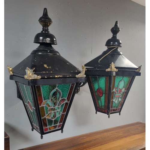 796 - Pair of Painted Black Leaded Glass Wall Lanterns  - Approx. Measurements
Lantern H: 88cm x D: 30cm x... 