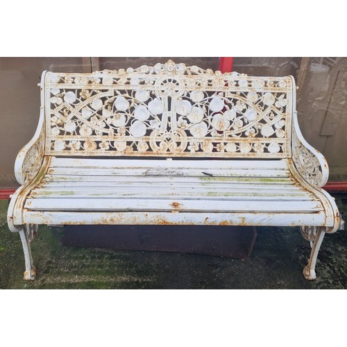 813 - Leaf and Cherub Head Ornate Cast Iron and Wooden Scroll Seat Garden Bench