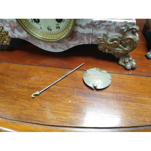 229 - Vintage French  Garniture Clock Set on Marble Base, Clock Height 55cm, Candlestick Height 34cm