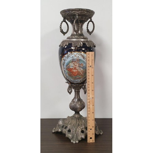 9 - Blue and Gilt Porcelain Centre Piece with Ornate Metal Base and Decoration Height 44cm