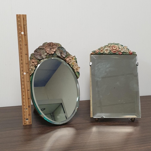 14 - Lot of 2x Barbola style Mirrors with floral decoration, 25 x 16cm