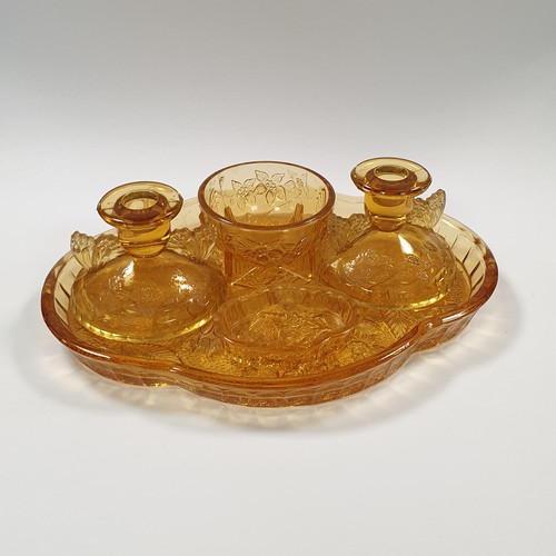 32 - Vintage Five Piece Glass Dressing Table Set, tray - 31cm x 26cm