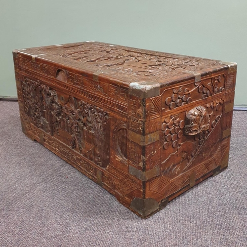 80 - Carved Chinese camphorwood blanket box. H:42 x w:88 x D:44cm