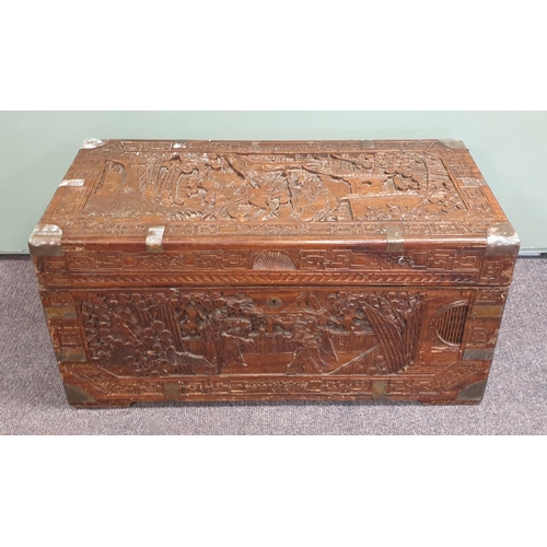 80 - Carved Chinese camphorwood blanket box. H:42 x w:88 x D:44cm
