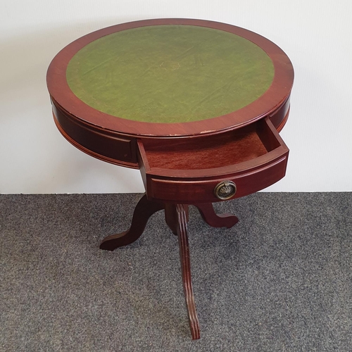 89 - Green leather top drum table, H:62 x D:51cm