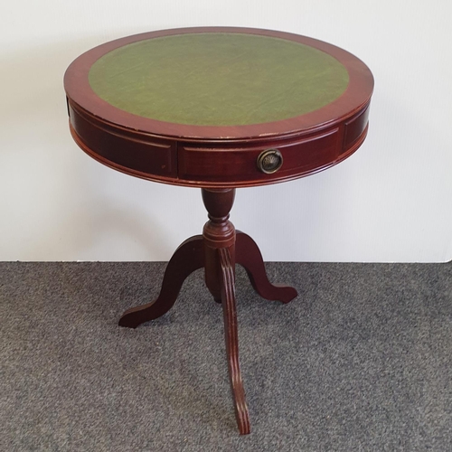89 - Green leather top drum table, H:62 x D:51cm